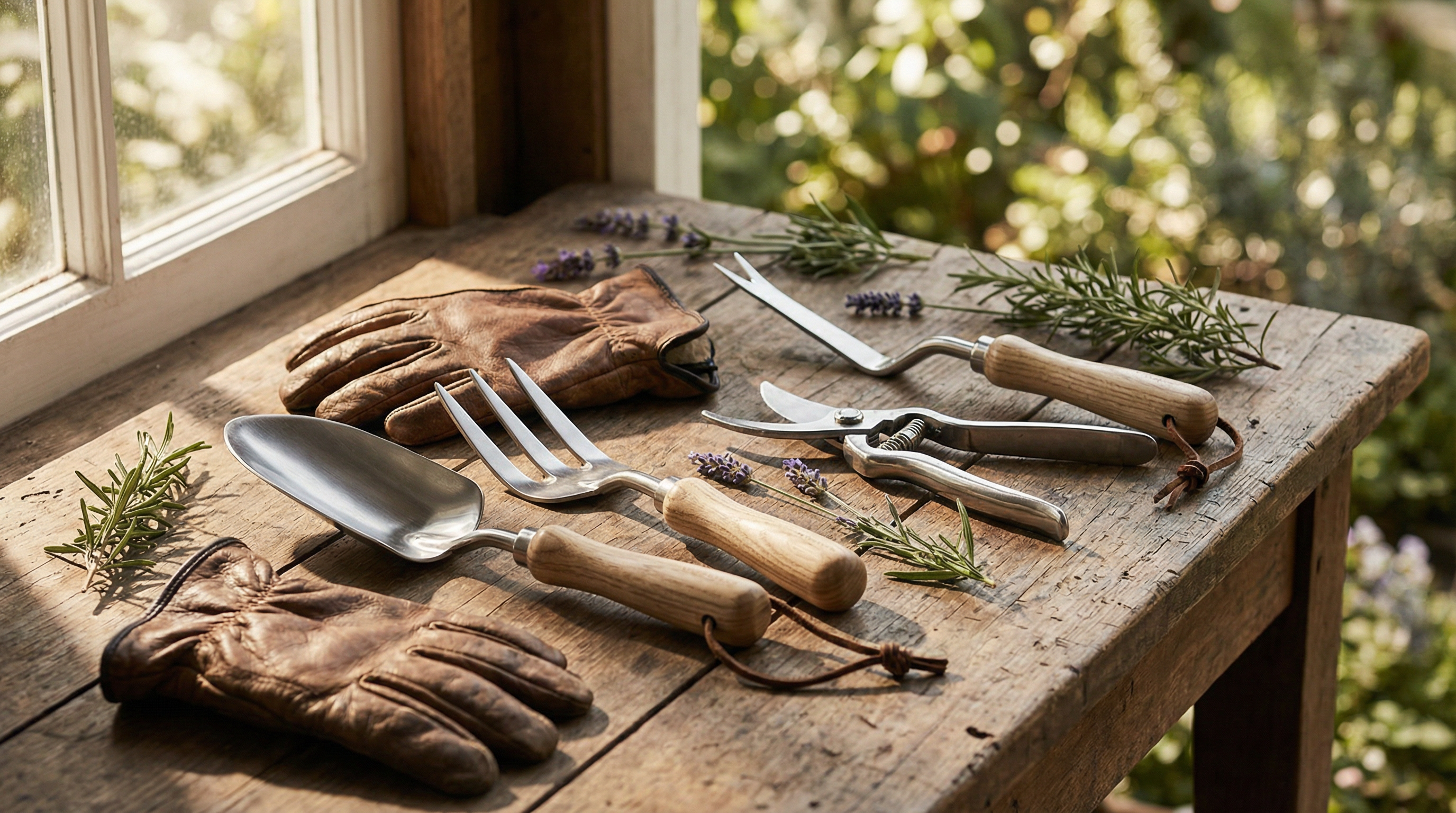 Professional garden tools on a wooden workbench